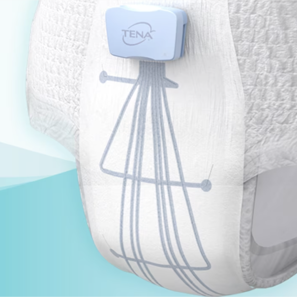 Primer plano de los sensores y el dispositivo Logger de la parte delantera de la ropa interior TENA SmartCare Identifi.  Primer plano de los sensores y el dispositivo Logger de la parte delantera de la ropa interior TENA SmartCare Identifi.